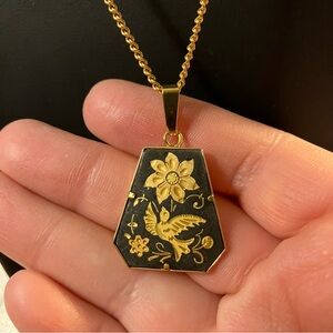 Vintage Damascene Bird and Flowers Black and Gold Tone Necklace